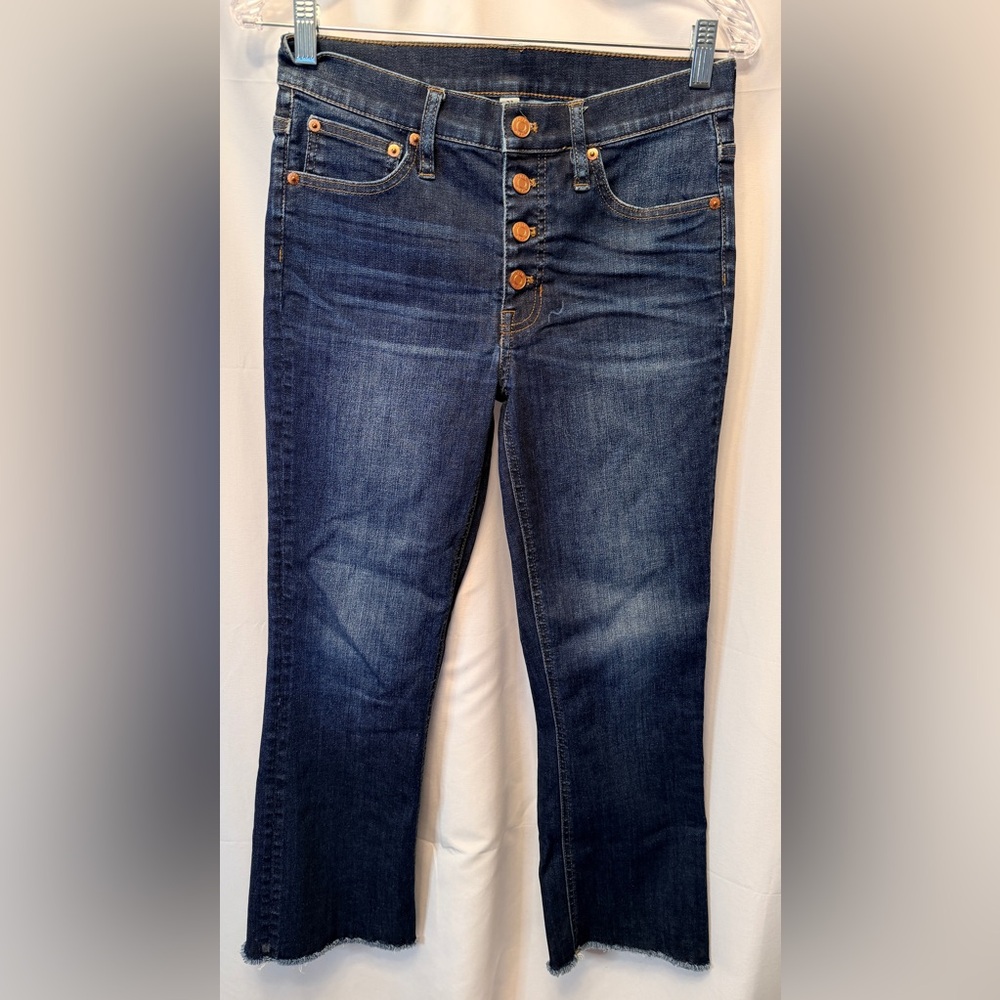 J Crew Size 27 9" Demi Boot Crop Jeans Button Front Dark Worn Wash Fray Hem
